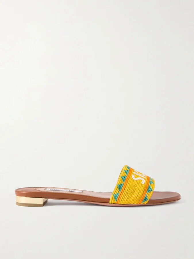 Aquazzura - Sicily Beaded Leather Slides - Brown