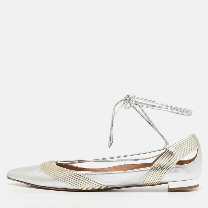 Aquazzura Silver/Gold Leather Ankle Wrap Ballet Flats Size 38.5