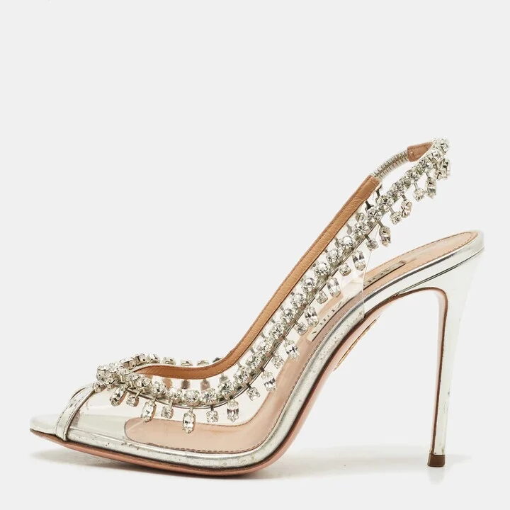 Aquazzura Silver Leather and PVC Temptation Slingback Pumps Size 36.5