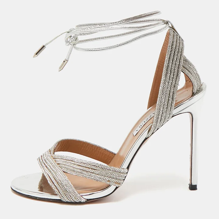 Aquazzura Silver Leather Crystal Embellished Ari Ankle Wrap Sandals Size 39