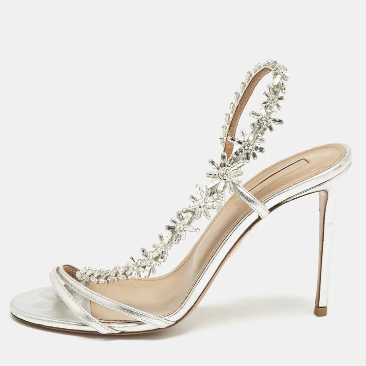 Aquazzura Silver Leather Crystal Embellished Chateau Slingback Sandals Size 38
