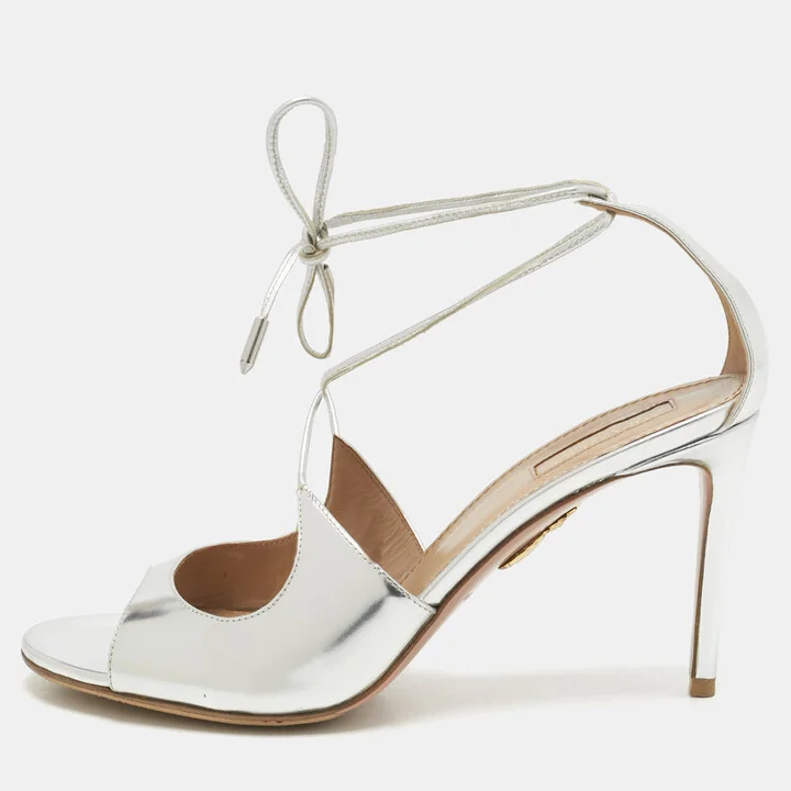 Aquazzura Silver Leather Sofia Ankle Wrap Sandals Size 39