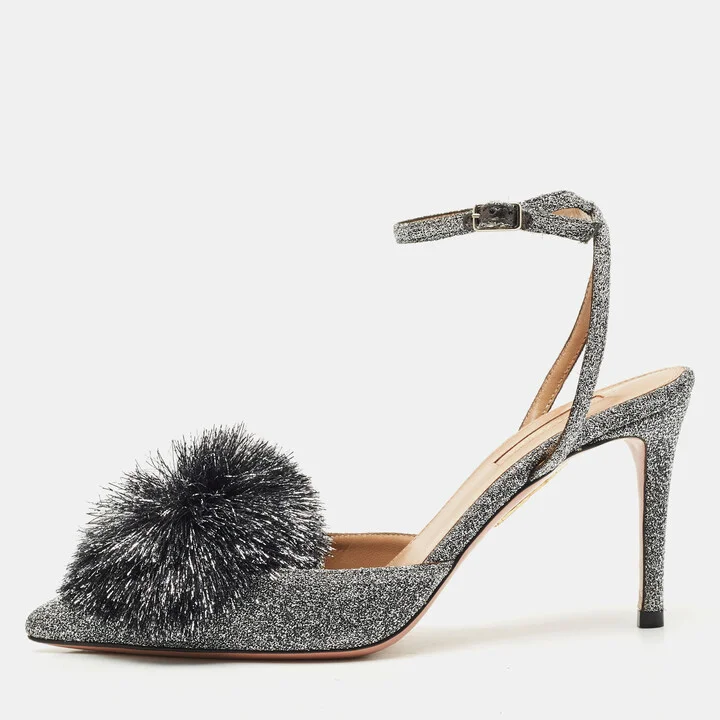 Aquazzura Silver Metallic Lurex Fabric Powder Puff Ankle Strap Sandals Size 38