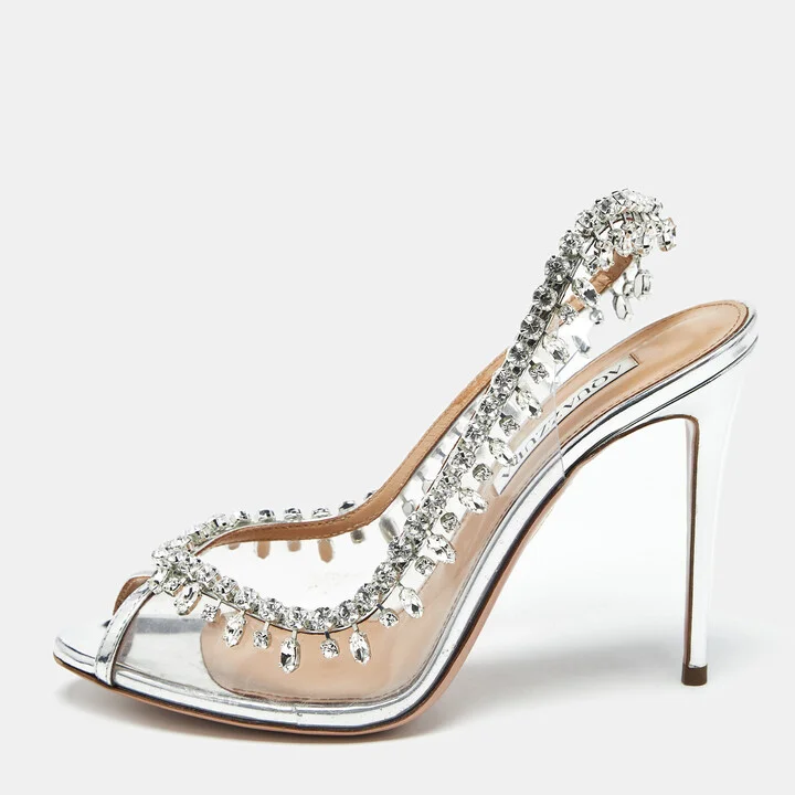 Aquazzura Silver PVC and Leather Temptation Peep Toe Pumps Size 38.5