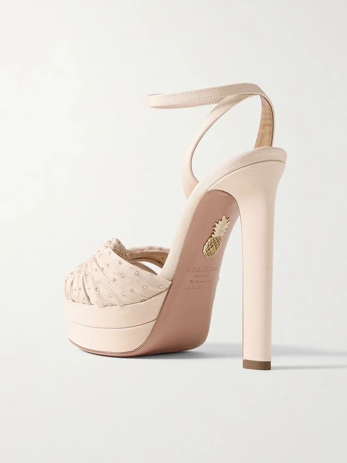 Aquazzura - Slow Kisses 130 Crystal-embellished Chiffon-trimmed Grosgrain Platform Sandals - Neutrals - Image 3