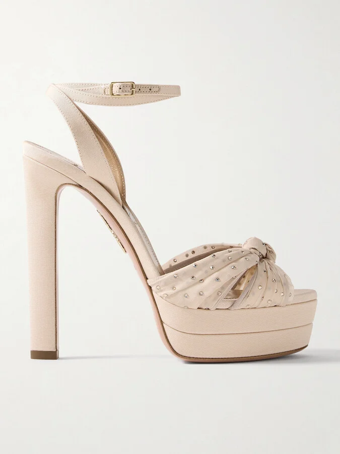 Aquazzura - Slow Kisses 130 Crystal-embellished Chiffon-trimmed Grosgrain Platform Sandals - Neutrals