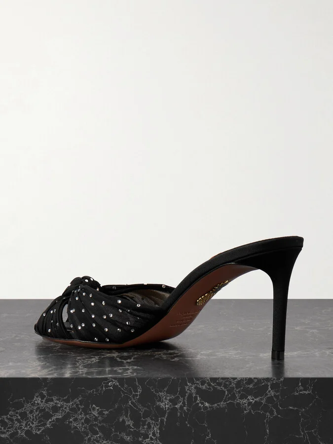Aquazzura - Slow Kisses 75 Crystal-embellished Knotted Silk-satin And Chiffon Mules - Black - Image 3