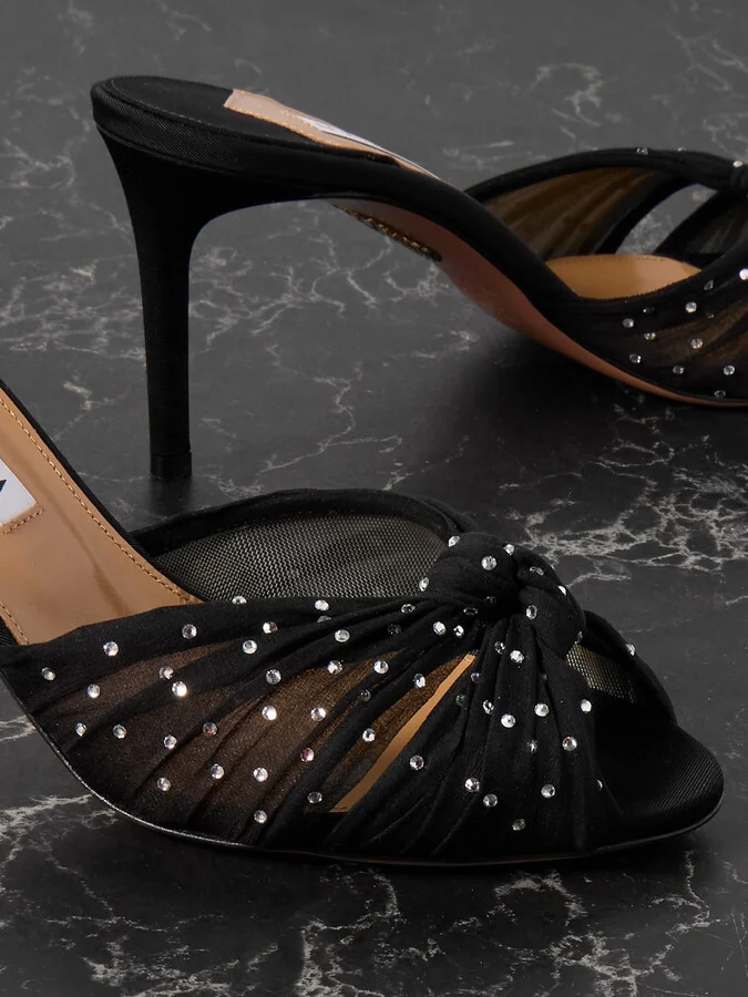 Aquazzura - Slow Kisses 75 Crystal-embellished Knotted Silk-satin And Chiffon Mules - Black - Image 4