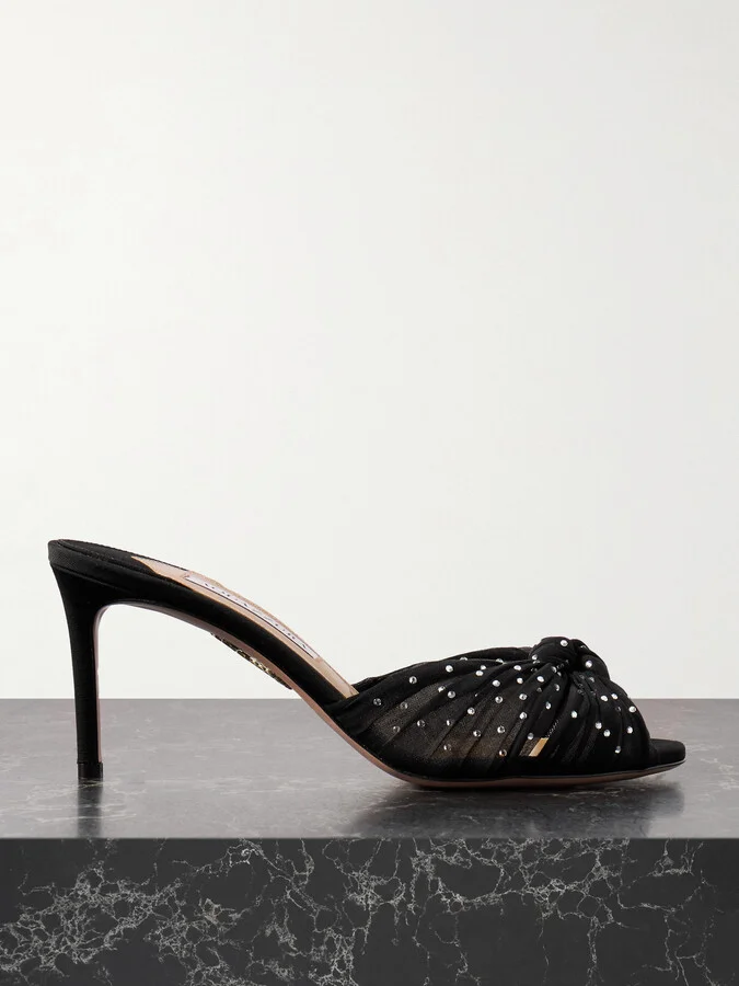 Aquazzura - Slow Kisses 75 Crystal-embellished Knotted Silk-satin And Chiffon Mules - Black