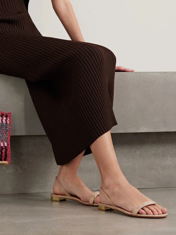 Aquazzura - So Nude Woven Raffia And Metallic Leather Slingback Sandals - Gold - Image 2