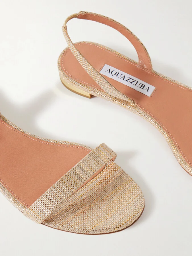 Aquazzura - So Nude Woven Raffia And Metallic Leather Slingback Sandals - Gold - Image 4