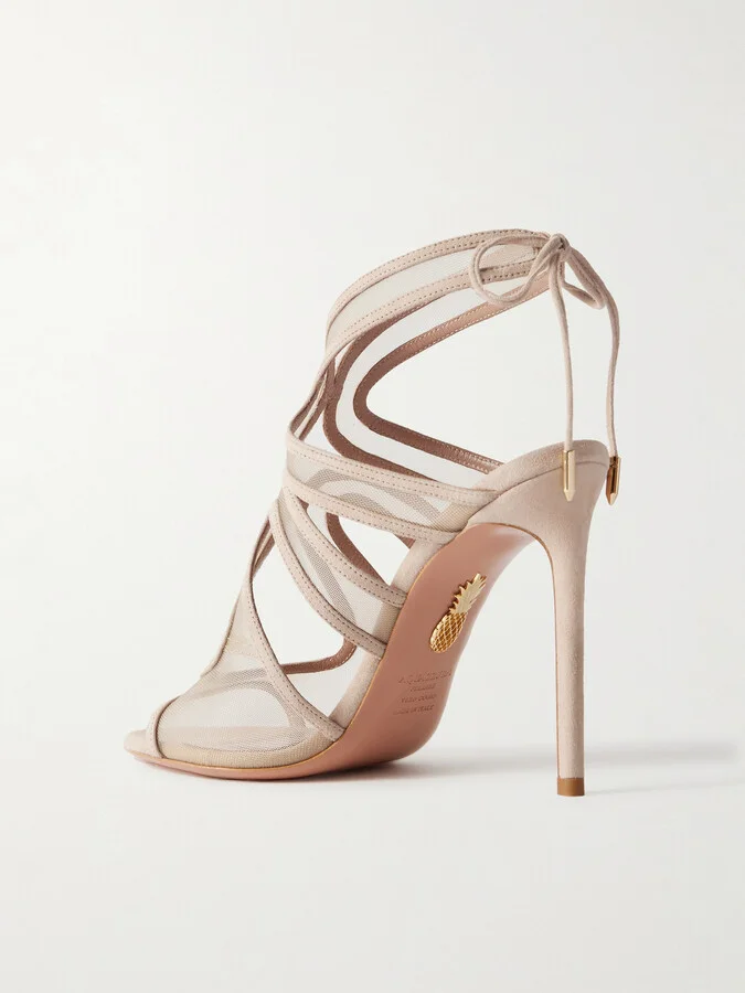 Aquazzura - Spirit 105 Mesh-trimmed Suede Sandals - Neutrals - Image 3