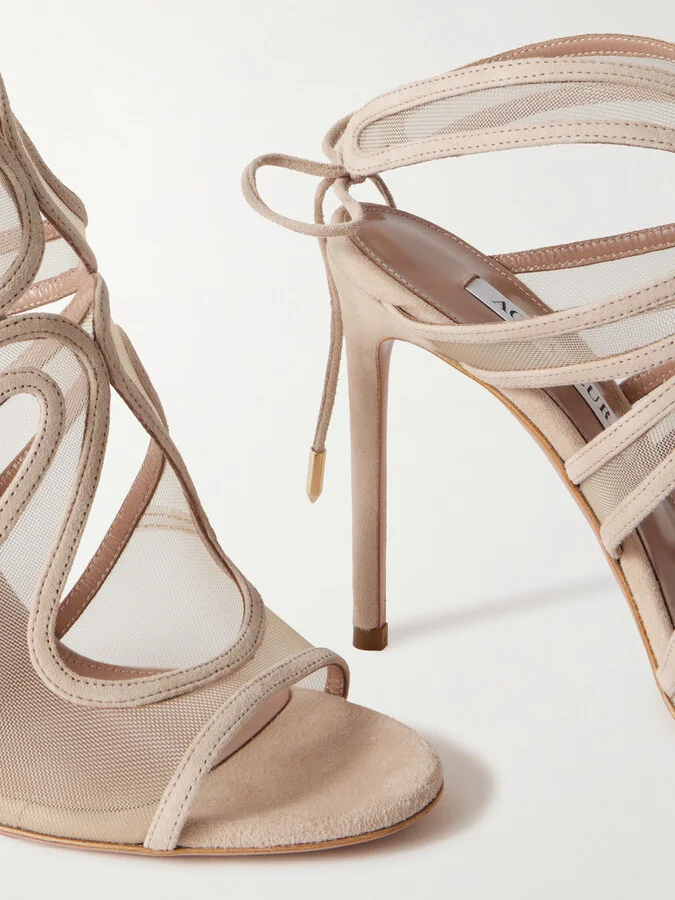 Aquazzura - Spirit 105 Mesh-trimmed Suede Sandals - Neutrals - Image 4