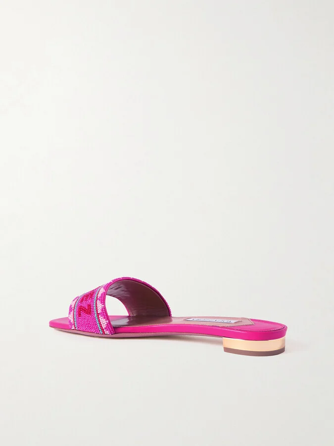 Aquazzura - St. Tropez Beaded Leather Slides - Pink - Image 3