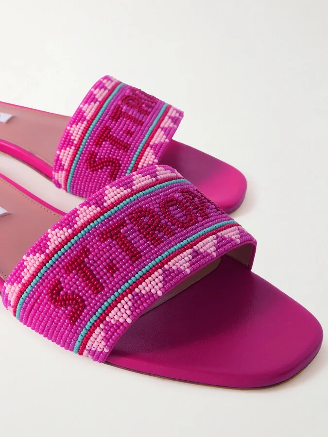 Aquazzura - St. Tropez Beaded Leather Slides - Pink - Image 4