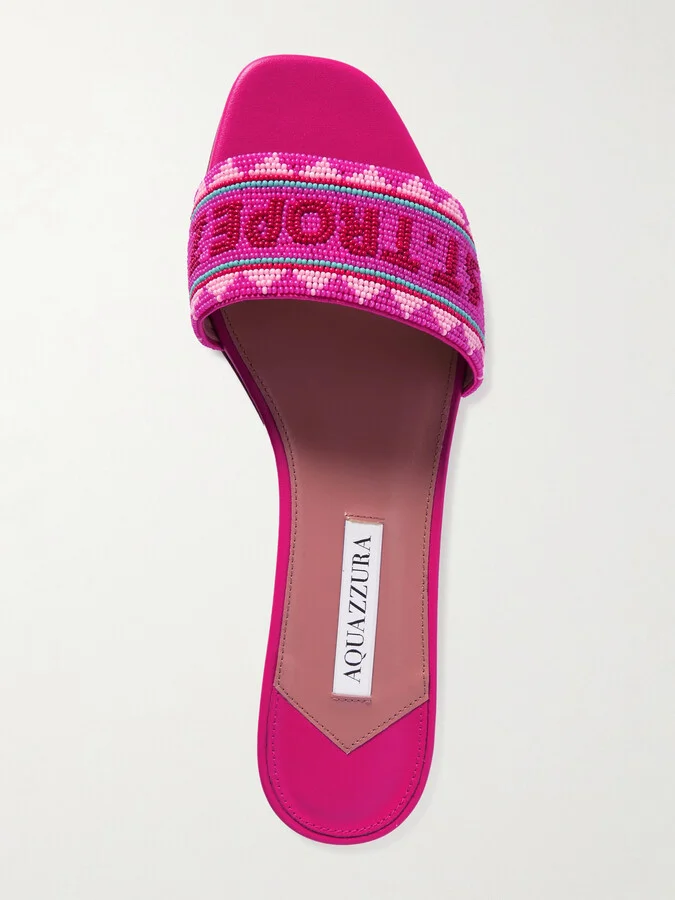 Aquazzura - St. Tropez Beaded Leather Slides - Pink - Image 5