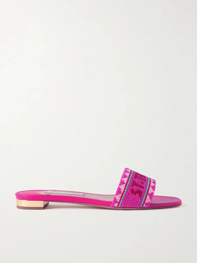 Aquazzura - St. Tropez Beaded Leather Slides - Pink