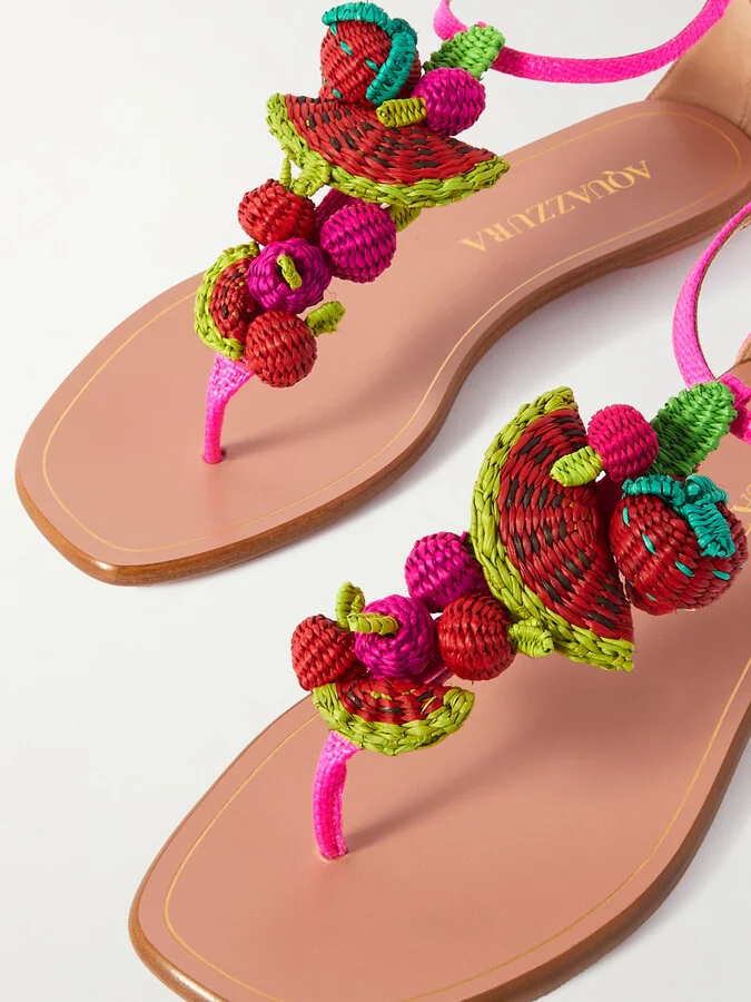 Aquazzura - Strawberry Punch Embellished Woven Raffia Sandals - Pink - Image 4