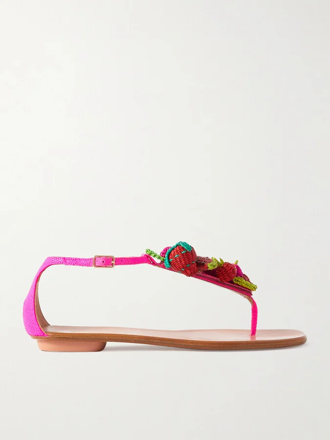 Aquazzura - Strawberry Punch Embellished Woven Raffia Sandals - Pink