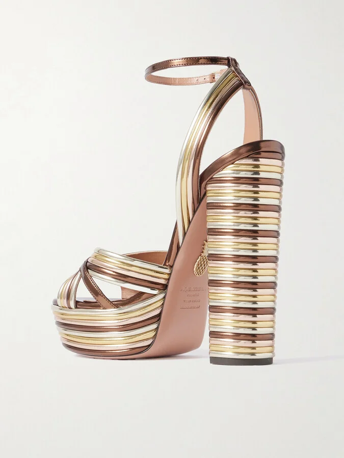 Aquazzura - Sundance 140 Metallic Leather Platform Sandals - Gold - Image 3