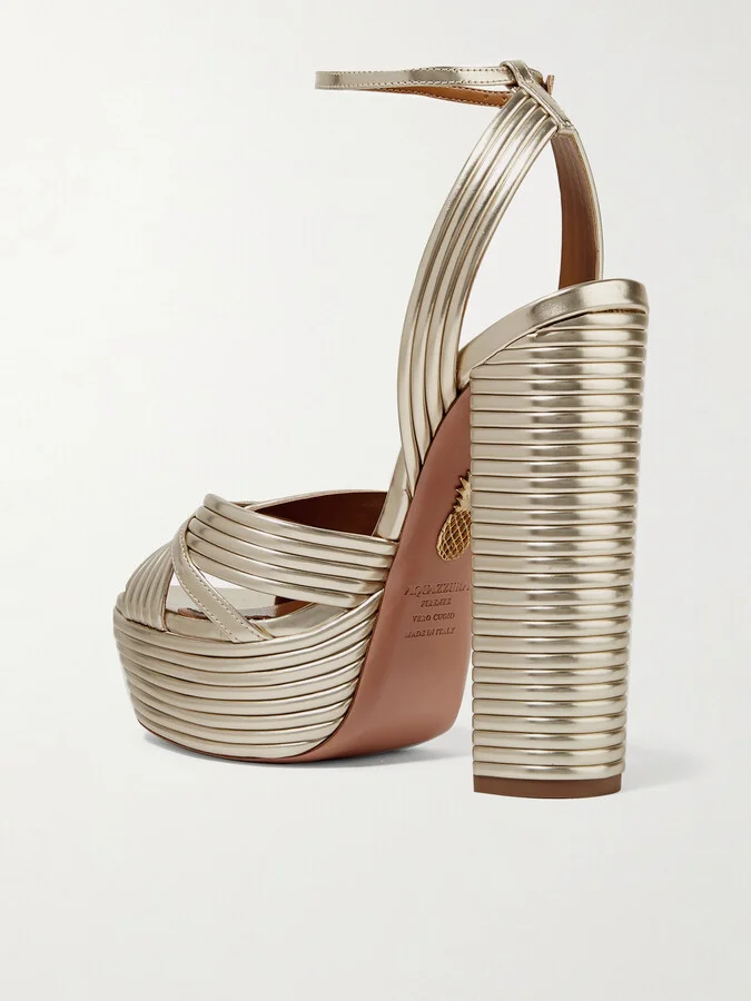 Aquazzura - Sundance 140 Metallic Leather Platform Sandals - Gold - Image 3