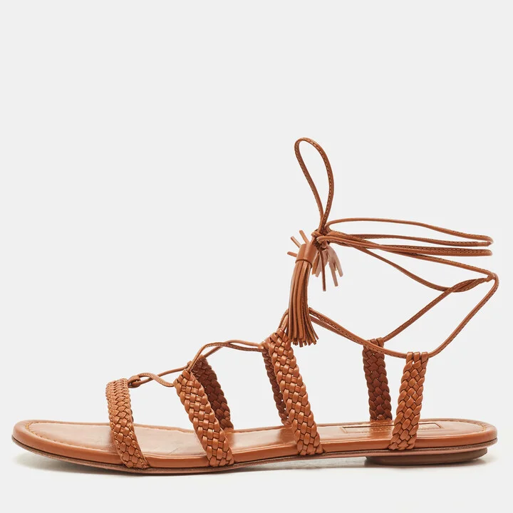 Aquazzura Tan Leather Braided Stromboli Flat Sandals Size 36.5
