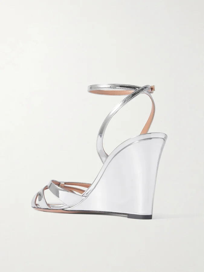 Aquazzura - Tati 85 Metallic Leather Wedge Sandals - Silver - Image 3