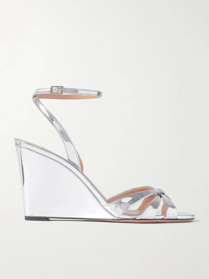 Aquazzura - Tati 85 Metallic Leather Wedge Sandals - Silver