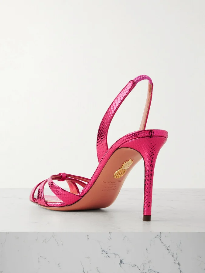 Aquazzura - Tati 85 Metallic Snake-effect Leather Slingback Sandals - Pink - Image 3