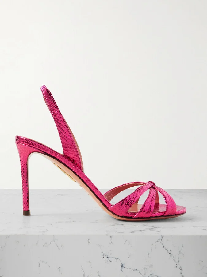 Aquazzura - Tati 85 Metallic Snake-effect Leather Slingback Sandals - Pink