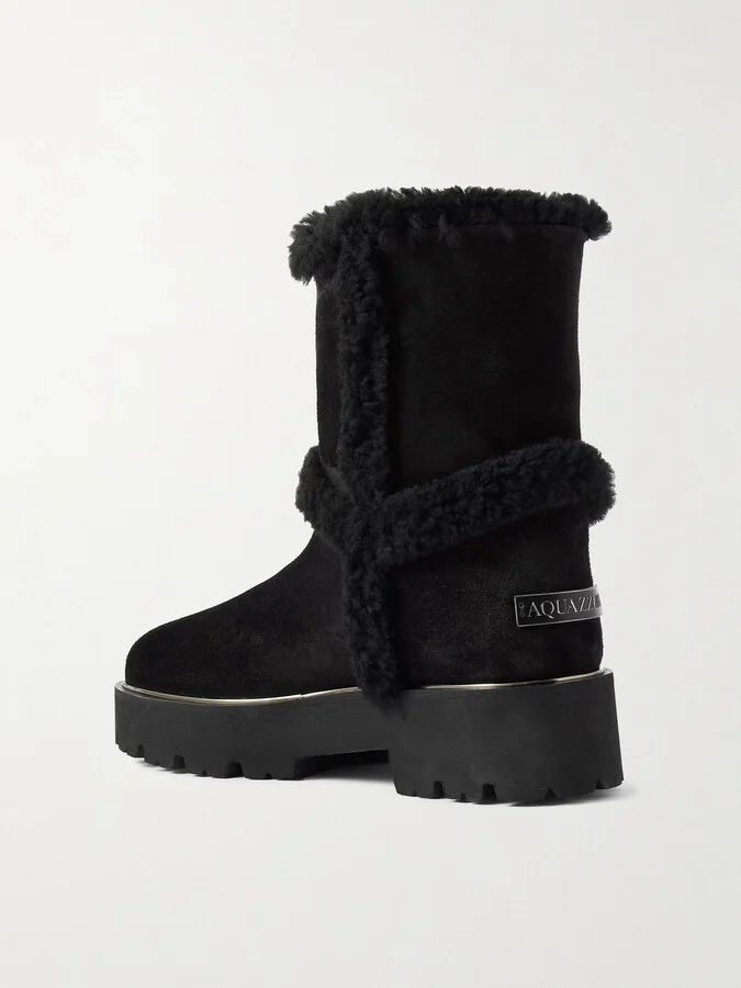 Aquazzura - Teddi Shearling-trimmed Suede Boots - Black - Image 3