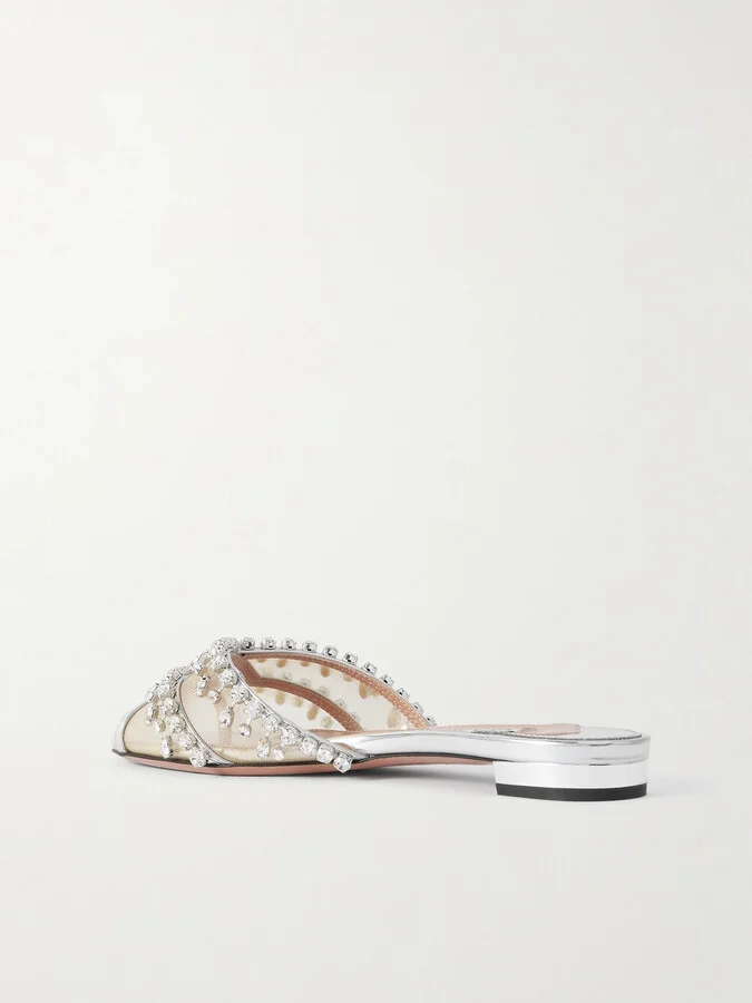 Aquazzura - Temptation Crystal-embellished Mesh-trimmed Metallic Leather Slides - Silver - Image 3