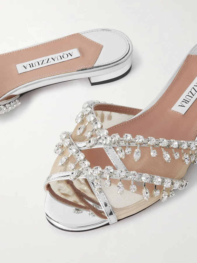 Aquazzura - Temptation Crystal-embellished Mesh-trimmed Metallic Leather Slides - Silver - Image 4