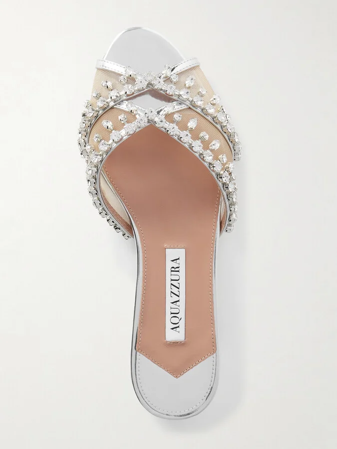 Aquazzura - Temptation Crystal-embellished Mesh-trimmed Metallic Leather Slides - Silver - Image 5