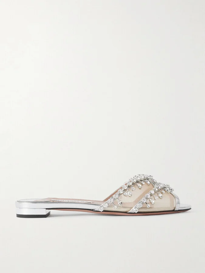 Aquazzura - Temptation Crystal-embellished Mesh-trimmed Metallic Leather Slides - Silver