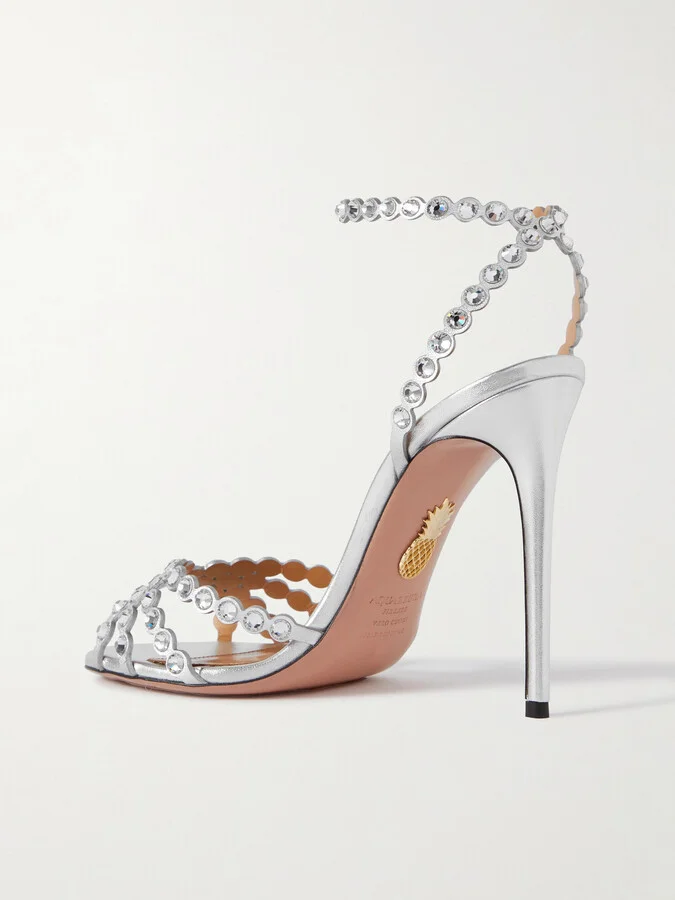 Aquazzura - Tequila 105 Crystal-embellished Metallic Leather Sandals - Silver - Image 3