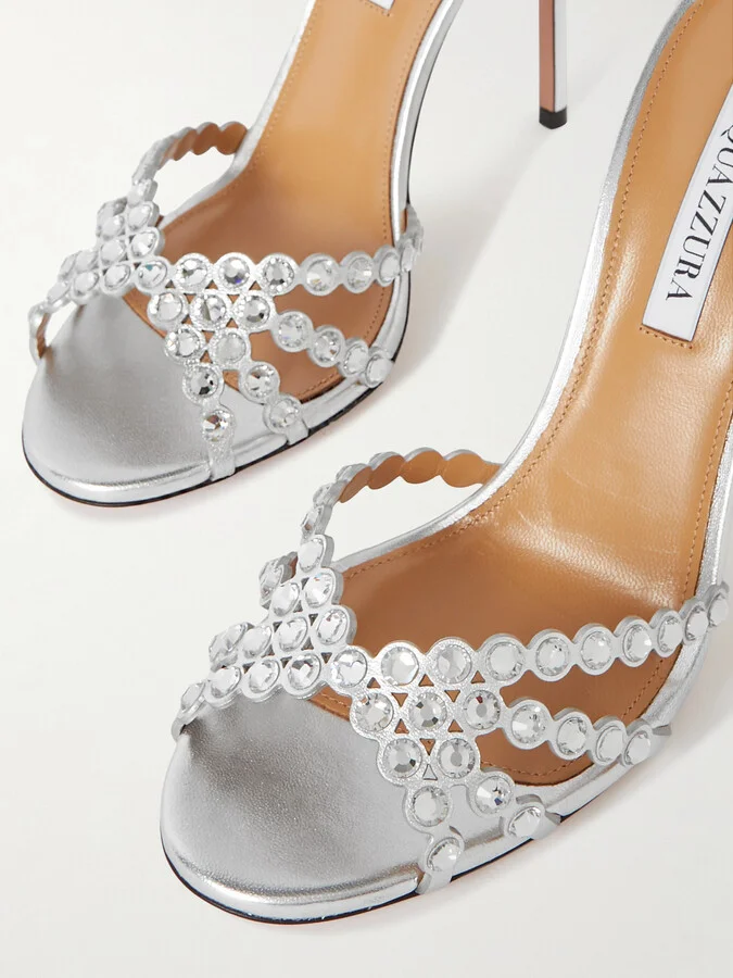Aquazzura - Tequila 105 Crystal-embellished Metallic Leather Sandals - Silver - Image 5