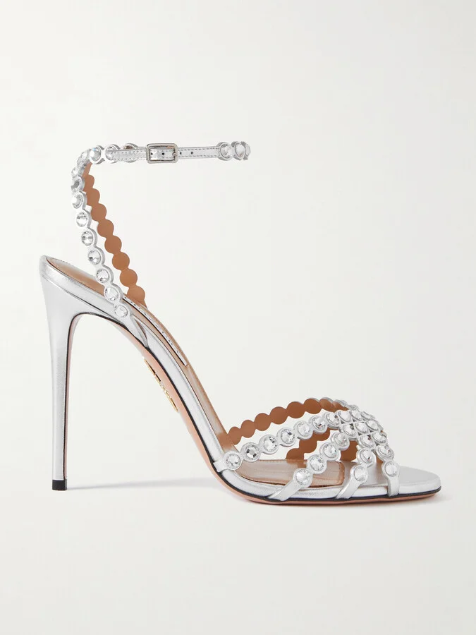 Aquazzura - Tequila 105 Crystal-embellished Metallic Leather Sandals - Silver