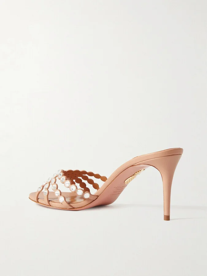 Aquazzura - Tequila 75 Crystal-embellished Leather Mules - Neutrals - Image 3