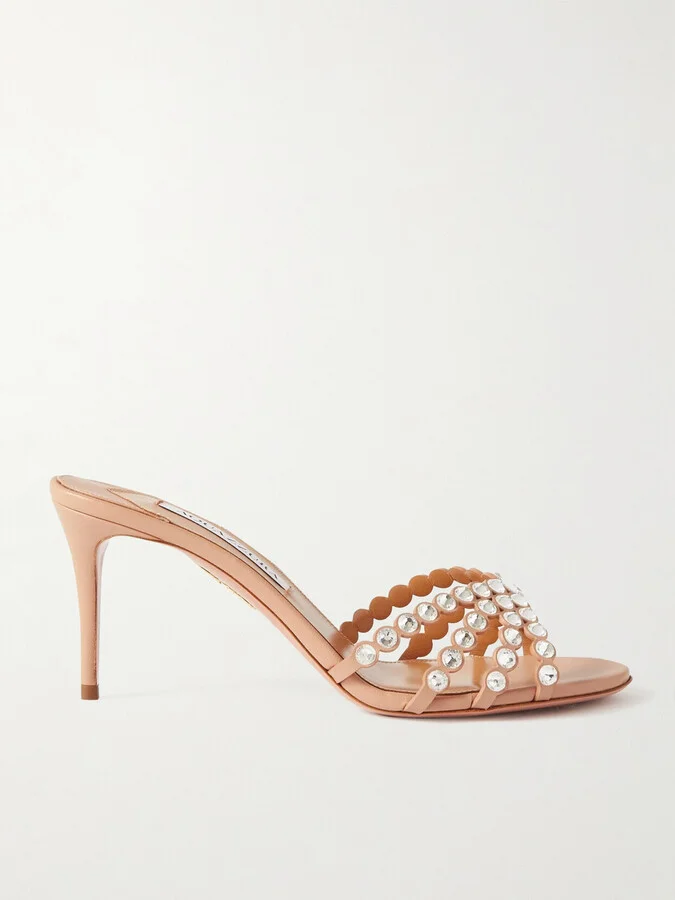 Aquazzura - Tequila 75 Crystal-embellished Leather Mules - Neutrals