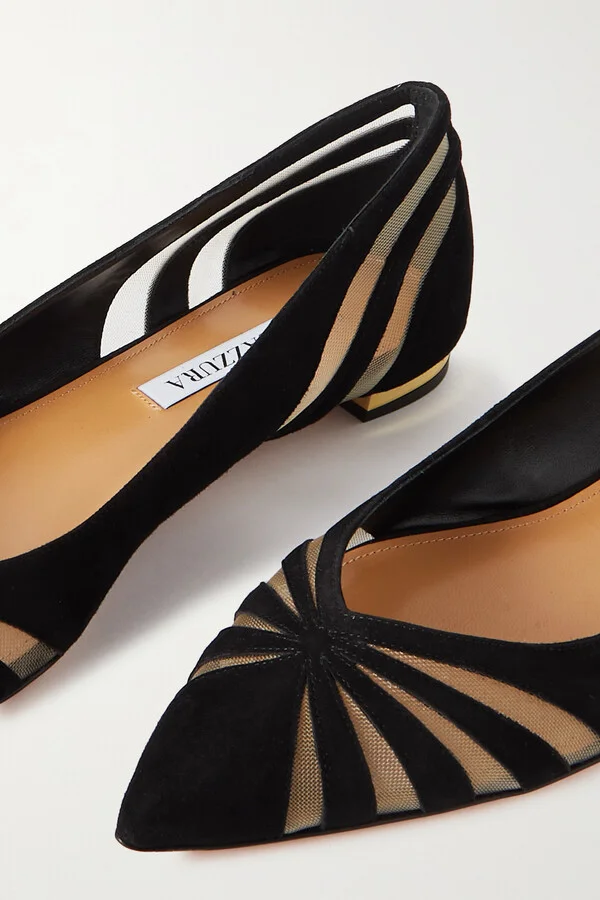Aquazzura - The Spy Tulle-trimmed Suede Ballet Flats - Black - Image 4