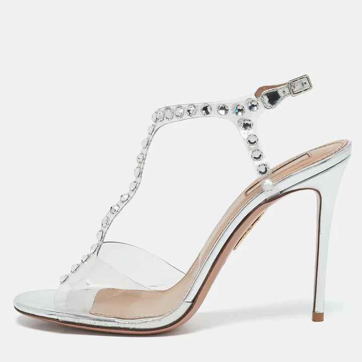 Aquazzura Transparent PVC and Leather Crystal Embellished Shine Sandals Size 39