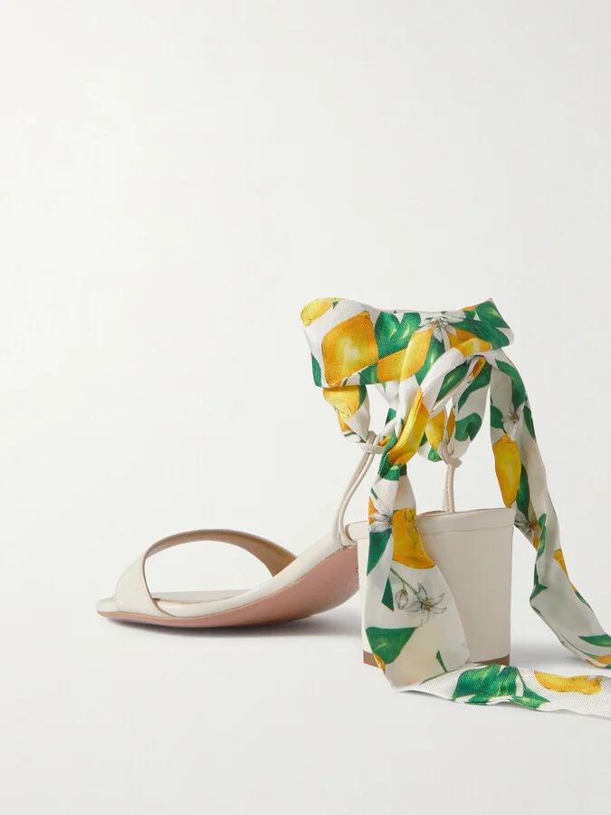 Aquazzura - Twilly 50 Printed Silk Twill-trimmed Leather Sandals - White - Image 3