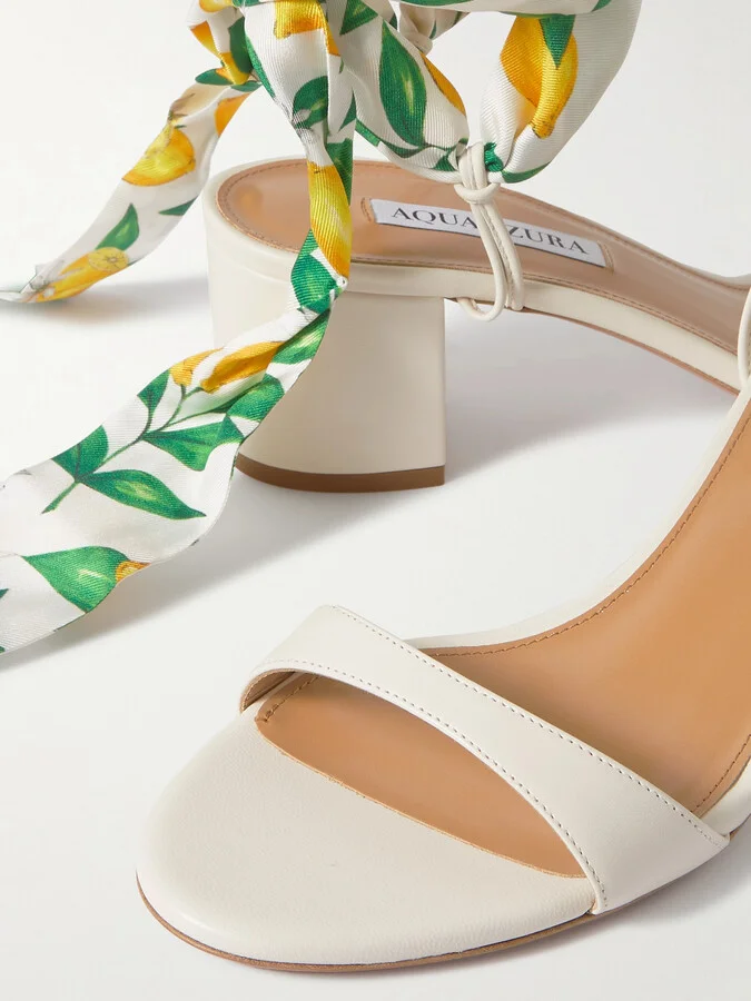 Aquazzura - Twilly 50 Printed Silk Twill-trimmed Leather Sandals - White - Image 4