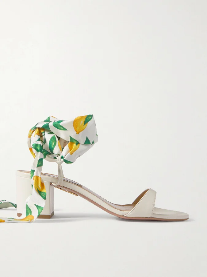 Aquazzura - Twilly 50 Printed Silk Twill-trimmed Leather Sandals - White