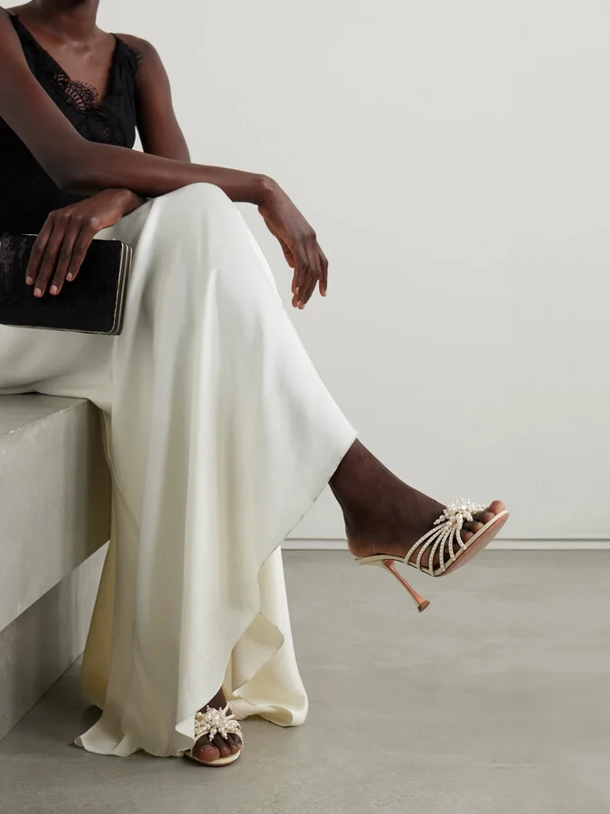 Aquazzura - Vendome 95 Faux Pearl-embellished Faille Mules - Neutrals - Image 2
