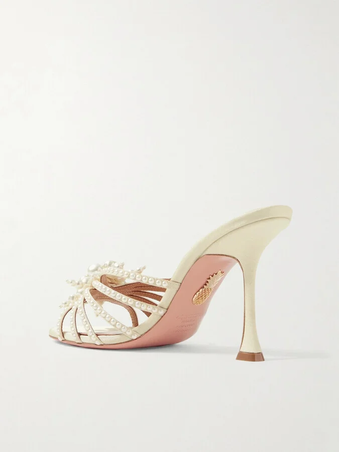 Aquazzura - Vendome 95 Faux Pearl-embellished Faille Mules - Neutrals - Image 3