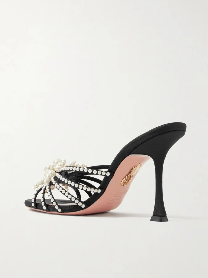 Aquazzura - Vendome Faux Pearl-embellished Faille Mules - Black - Image 3