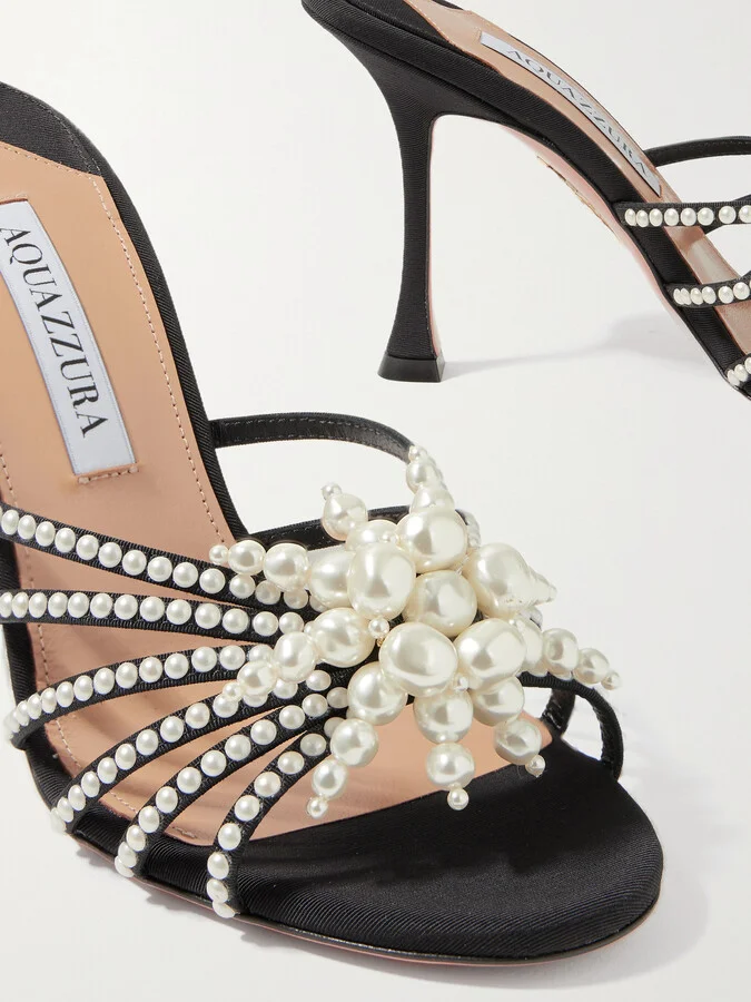 Aquazzura - Vendome Faux Pearl-embellished Faille Mules - Black - Image 4