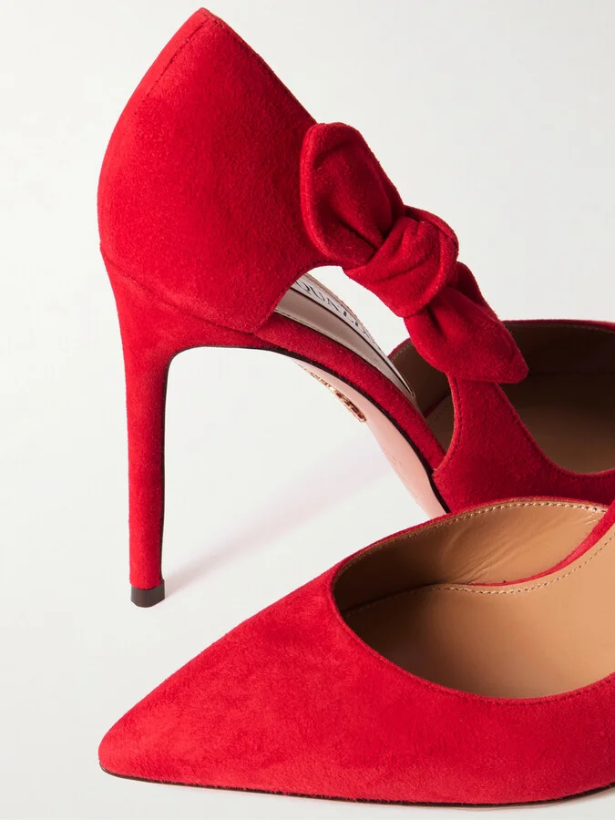 Aquazzura - Very Bow Tie 105 Suede Point-toe Pumps - Red - Image 4